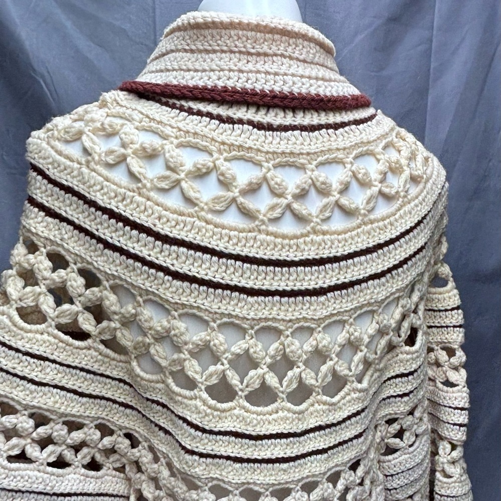 Vintage 60s One of a Kind Hand Crocheted Ivory with Brown Trim Sweater Jacket - Picture 7 of 9
